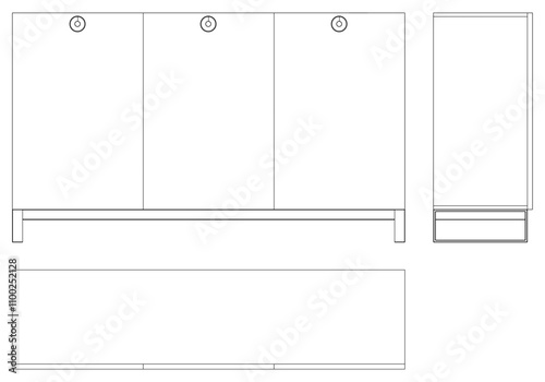 Modern Sideboard Outline Illustration for Home Decor, Coloring Books, and Design Projects. Buffet Cabinet Vector Illustration with Front, Side, and Top Views