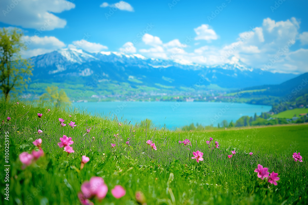 Fototapeta premium Pink flower on green fields with lake and mountain. generative AI