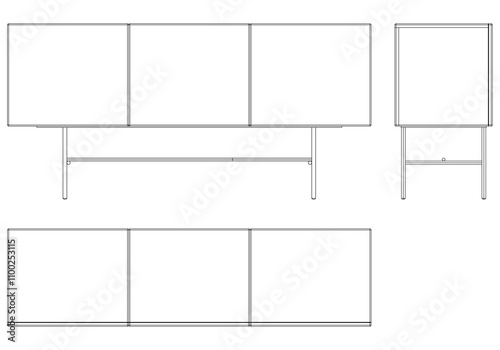 Modern Sideboard Outline Illustration for Home Decor, Coloring Books, and Design Projects. Buffet Cabinet Vector Illustration with Front, Side, and Top Views