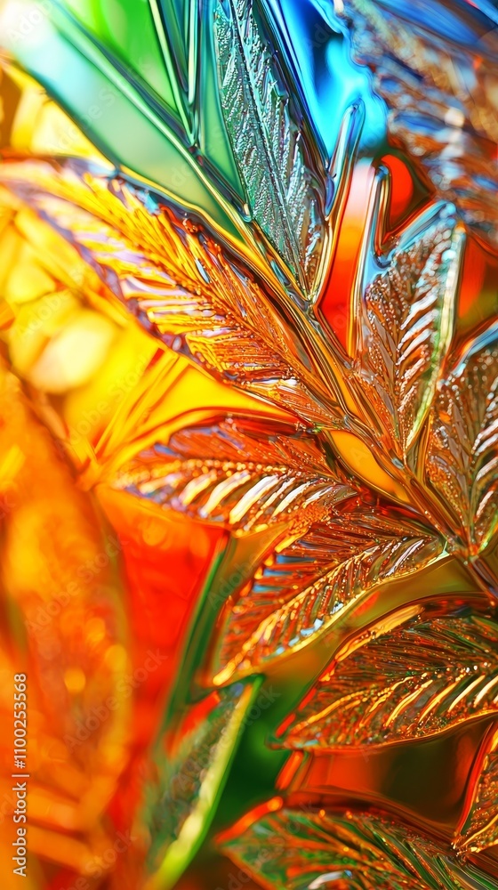 Obraz premium Vibrant glass leaves reflection art installation contemporary gallery colorful close-up nature-inspired aesthetics