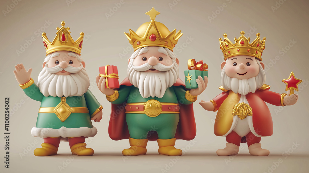 Fototapeta premium Figura en 3D de los Tres Reyes Magos con regalos y coronas