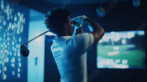 A golfer analyzing their swing on an indoor simulator, with real-time performance metrics displayed on the screen.