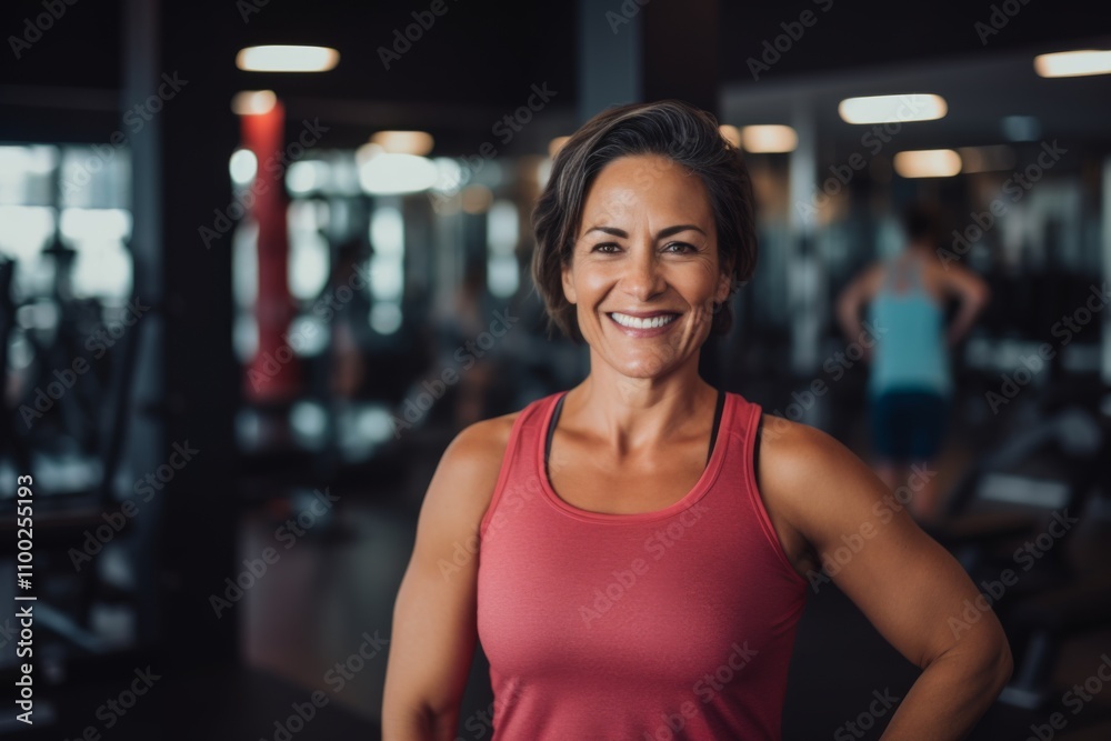 Fototapeta premium Smiling portrait of a middle aged slightly overweight woman in gym