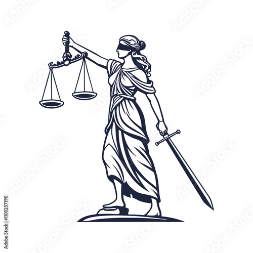 Justice Statue Vector Illustration - Clipart and Cotton Line Art Design.eps