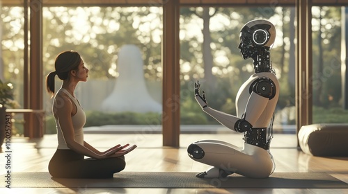 A robot helping a person with a yoga routine, offering posture corrections and breathing guidance based on real-time AI analysis. 