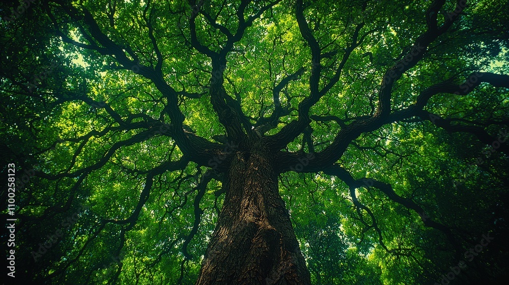 Fototapeta premium Majestic tree canopy spreads across lush green forest landscape