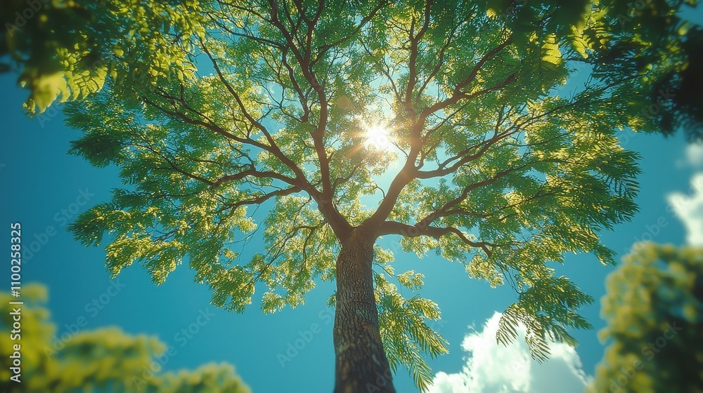 Fototapeta premium Majestic tree reaching toward sky with sunlight filtering through lush green leaves
