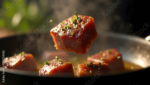 Succulent lamb medallion coated in a golden herb crust, captured mid-air with flying crumbs and fresh rosemary. A gourmet masterpiece for culinary promotions and food photography. photo