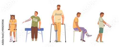 Patients physiotherapy and recovery after injuries and trauma. Vector isolated flat characters with fractured bones and amputated leg trying to walk. Gaining mobility and strengthening muscles