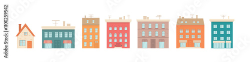 Set with houses exteriors front view with roof, doors and windows. Townhouse building apartment, residential town buildings architecture. Vector illustrations isolated on white background.