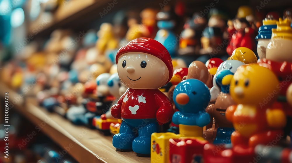 Fototapeta premium Colorful plastic toys standing on a shelf in a toy store