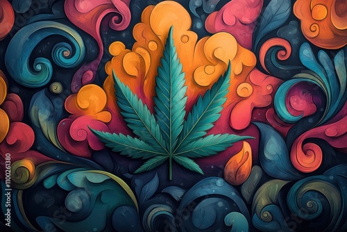 Artistic Cannabis Leaf Surrounded by Swirling Abstract Colors photo