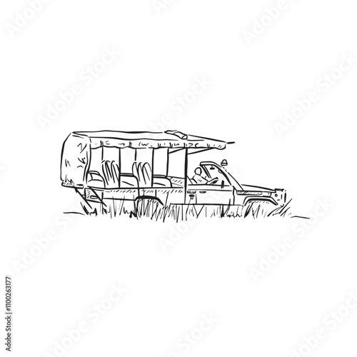A safari trick in grass. Black and white illustration, vehicle, car, doodle.