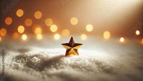 Magical golden star on snow with dreamy bokeh background