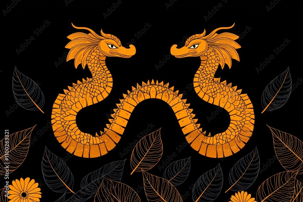 Obraz premium Majestic double dragon design fantasy realm digital art dark background creative perspective symbol of power and balance