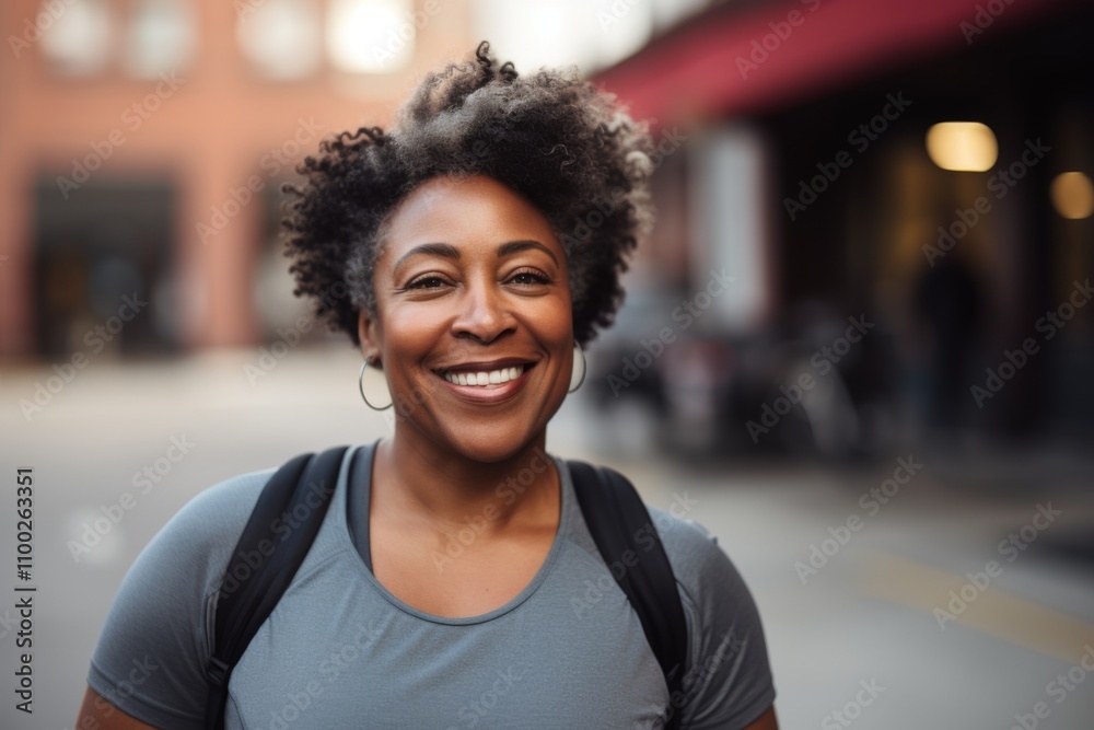 Naklejka premium Smiling portrait of a middle aged slightly overweight woman in gym
