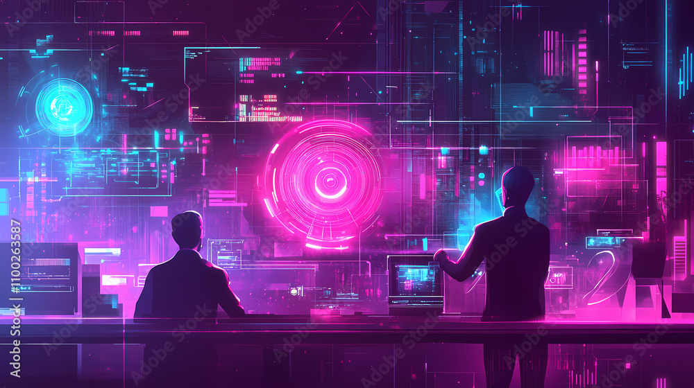 Obraz premium Futuristic holographic technology with humans interacting with virtual interfaces for science fiction day in flat vector and papercut style. Holographic. Illustration