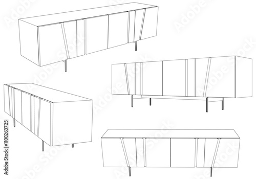 Modern Buffet Cabinet Vector Illustration in Line Art. Ideal for Home Decor, Coloring Books, and Interior Design Concepts