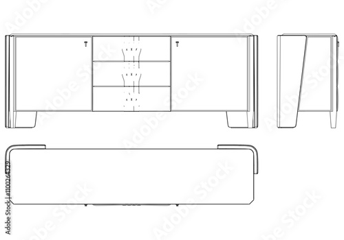 Modern Sideboard Outline Illustration for Home Decor, Coloring Books, and Design Projects. Buffet Cabinet Vector Illustration with Front, Side, and Top Views