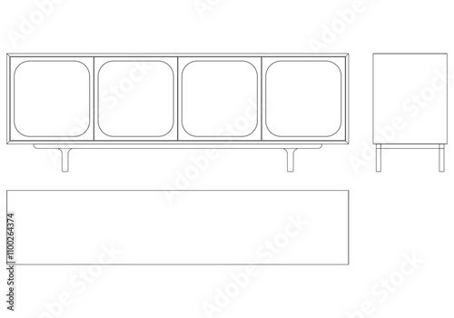 Modern Sideboard Outline Illustration for Home Decor, Coloring Books, and Design Projects. Buffet Cabinet Vector Illustration with Front, Side, and Top Views