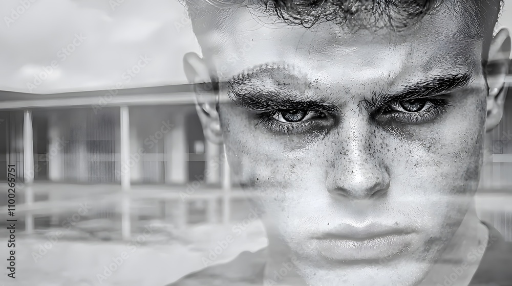 Obraz premium A double exposure image showing a close-up of a man’s face, overlaid with a prison courtyard. His expression of frustration and sadness is intertwined with the limited space of the courtyard, 