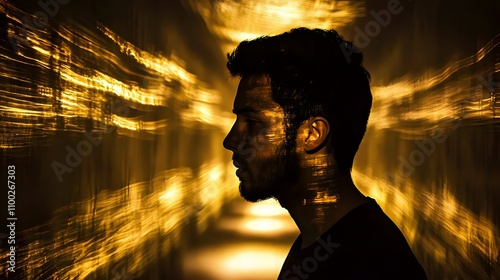 Silhouette of a man with an image of a dark prison corridor, indicating isolation.Double Exposure.[Male]:[Prison] Limited  photo