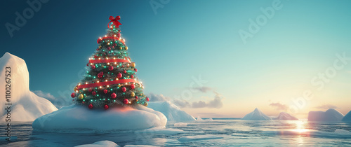 The Christmas tree on ice, snown landscape, background for Christmas card