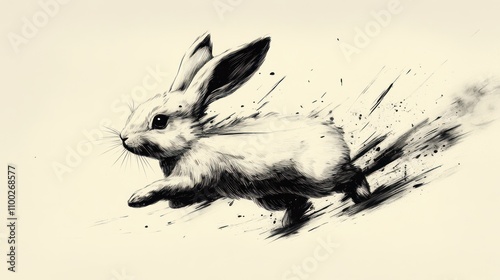 A White Rabbit Leaps Across a Pale Background