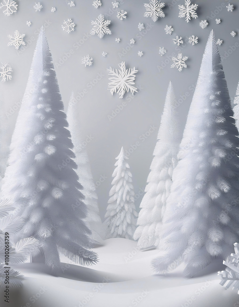 Obraz premium Snow-covered trees and intricate snowflakes create a serene winter wonderland Generative AI