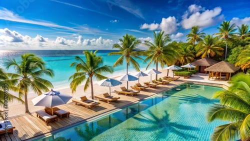 Tropical Paradise Poolside Oasis with Palm Trees and Turquoise Waters, beach , pool , resort , vacation