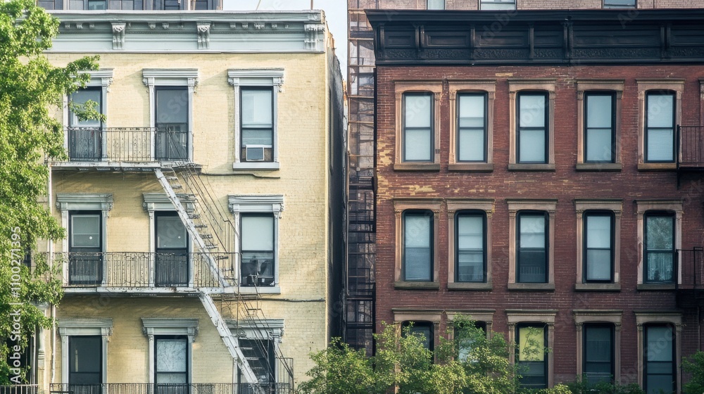 Obraz premium Gentrification explored through close-up shots of contrasting architectural styles in rapidly changing urban neighborhoods, Symbolizing socio-economic shifts and cultural transformation
