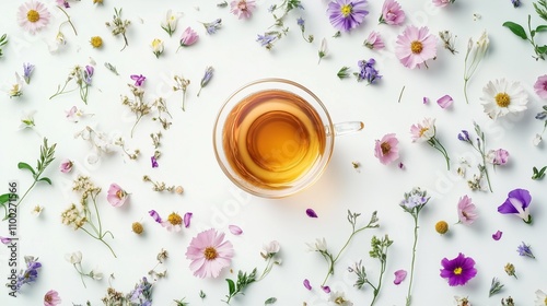 tea cup surrunded by flowers view from above for background photo