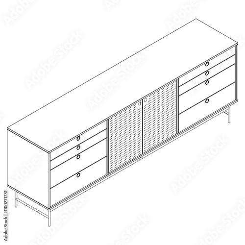 Modern Sideboard Outline Illustration for Home Decor, Coloring Books, and Design Projects. Buffet Cabinet Vector Illustration with Isometric Views