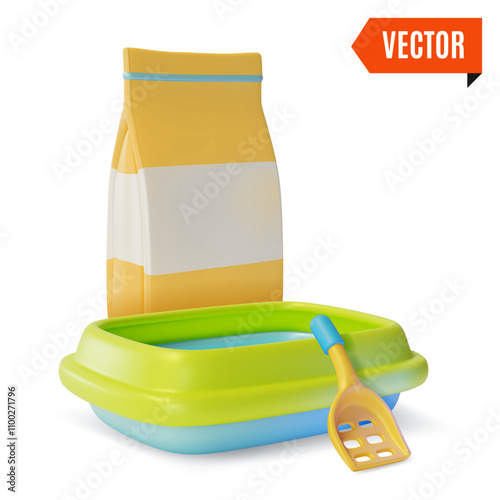 3d Pet Shop Concept Cat Litter Filler Pack, Toilet Tray and Scoop Cartoon Design Style. Vector illustration