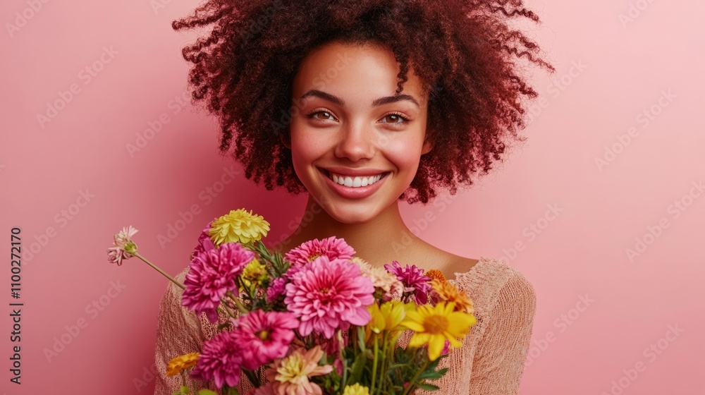 Fototapeta premium cheerful woman with a vibrant flower arrangement in her hands, surrounded by soft pink tones generative ai