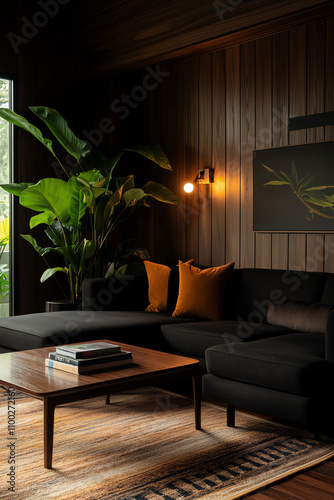 A luxurious midcentury modern living room with iconic furniture pieces, muted tones, and natural light streaming in