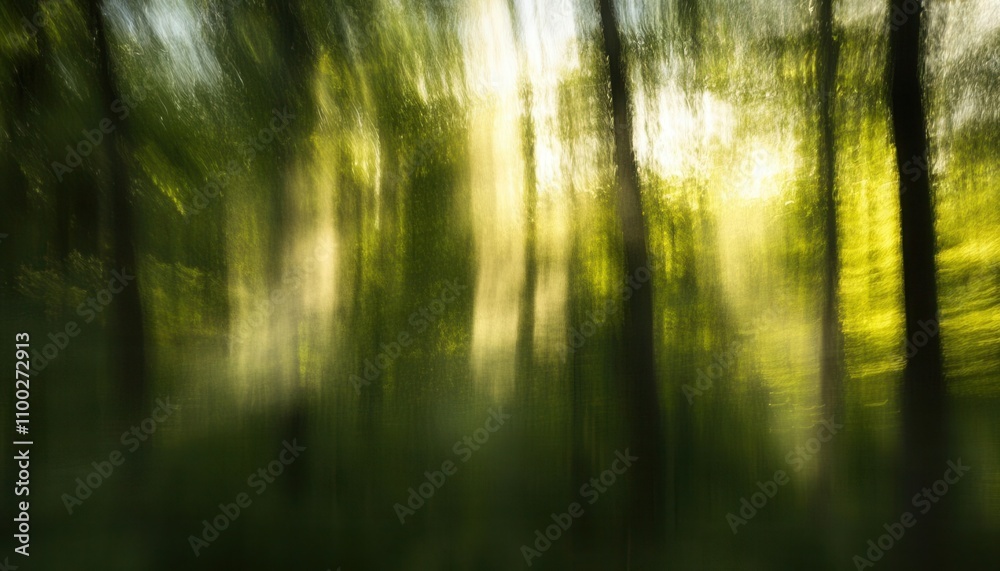Obraz premium A blurred forest background with sun rays streaming through the trees