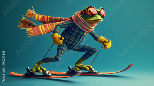 ANIMALS in a very beautiful, bright, ski suit, on skis, in ski goggles, scarf, doing slalom, fright on face photo