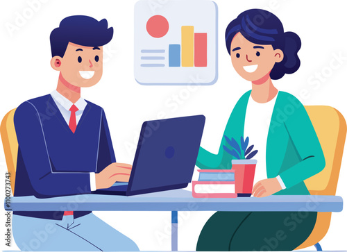 Partners meeting for business discussion with documents and laptop on desk. Couple at round table, speaking, discussing work, partnership. Flat vector on a white background