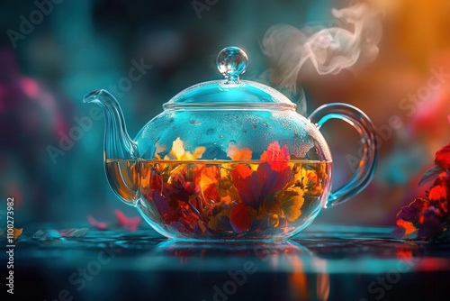 A glass teapot steeping colorful herbal tea