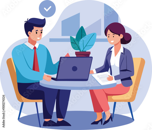 Partners meeting for business discussion with documents and laptop on desk. Couple at round table, speaking, discussing work, partnership. Flat vector on a white background