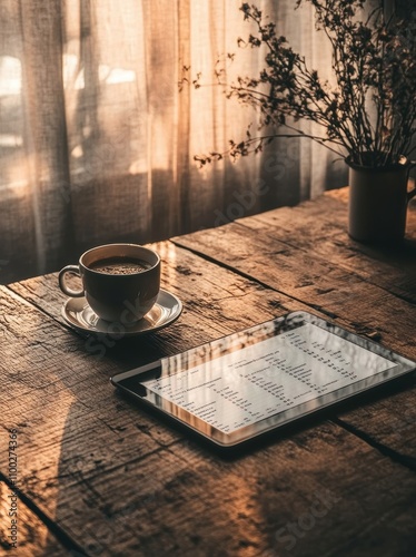 A tranquil scene featuring a cup of coffee beside a tablet on a rustic wooden table, bathed in warm sunlight, evoking a sense of comfort and relaxation.