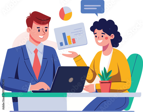 Partners meeting for business discussion with documents and laptop on desk. Couple at round table, speaking, discussing work, partnership. Flat vector on a white background