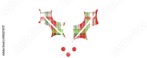 Illex silhouettes filled with tartan red, green and white textured in watercolor look. Checked Scottish holly branch vector for Christmas decorations.