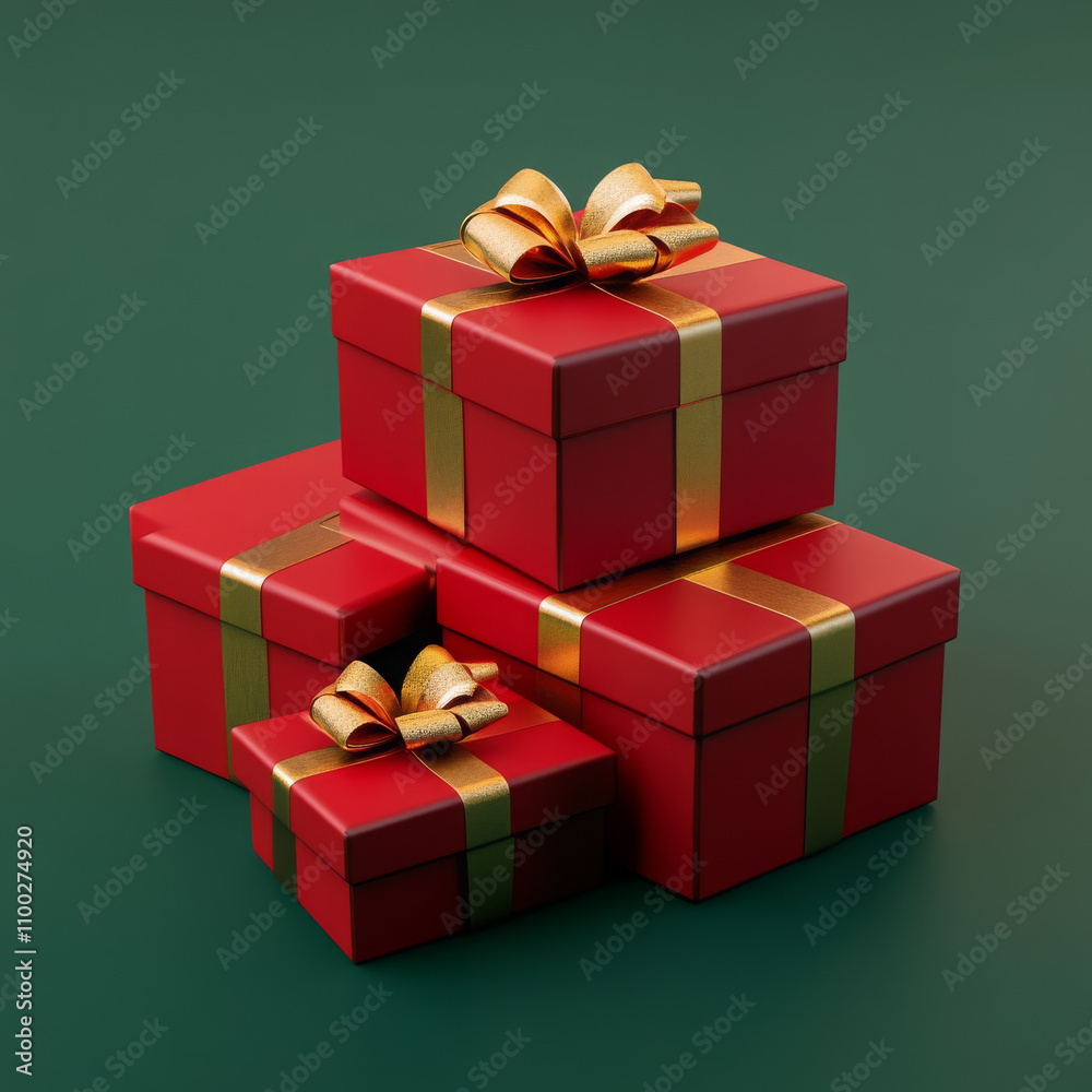 Obraz premium Elegant red gift boxes with gold ribbons on a festive green background, perfect for holiday or special occasion gifting.