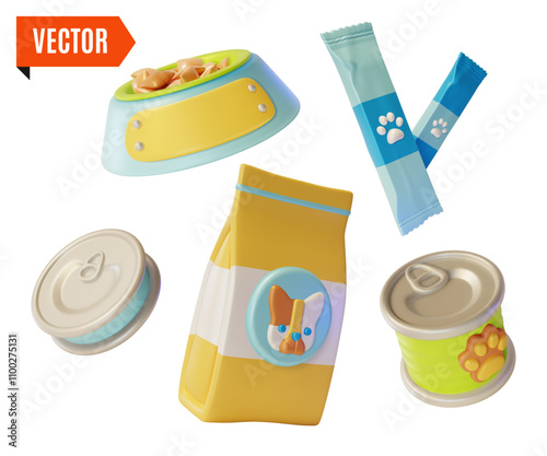 3d Pet Shop Concept Dog Food Product, Treat Sachet Stick, Plate and Preserves Cartoon Design Style. Vector illustration