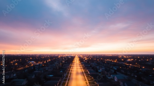 A breathtaking cityscape at twilight, showcasing a long, illuminated street leading into the horizon under a colorful sky awash with pink and blue hues.