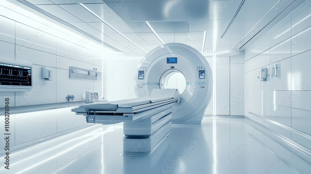 A hospital room with a large white machine in the center A hospital room with a large white machine in the center