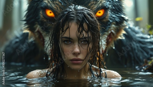 the picture of a scary movie where a girl with wet hair looks out of the water, behind which a huge wolf monster is visible, the picture sows panic of fear and horror to cold goosebumps.