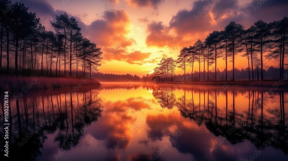 Fototapeta premium Glühender Sonnenuntergang über ruhigem See